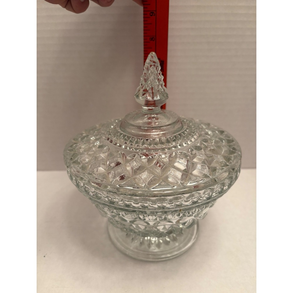 Vintage Clear Pressed Glass Candy Dish Diamond Point Footed Lidded Bowl 7 in.